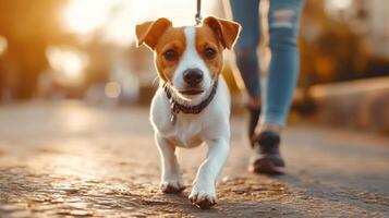A dog is walking on a sidewalk with a leash photo