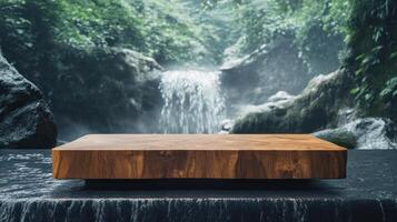 A unique minimal podium crafted from wood with a distinctive grain pattern, set against a stunning background of gentle water waves and lush forest cliffs. photo