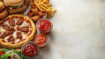 Top view of fast food, pizza box, burger and chicken strips on a white background with copy space. photo