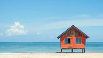 A vibrant cottage overlooks tranquil waters on a sunny day by the shore photo
