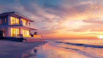 Golden hues illuminate a modern seaside residence at dusk photo