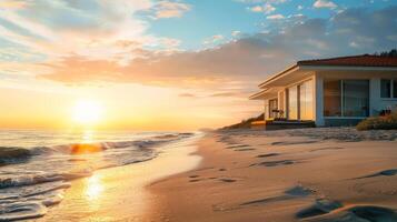 A tranquil evening unfolds as the sun sets over the shoreline photo