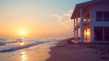 Sunrise casts a warm glow over a beachfront home and serene ocean waves photo