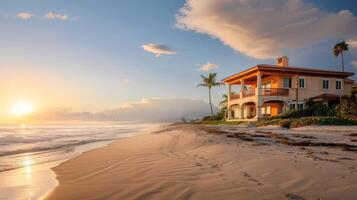 Waves lap against the shore as the sun sets behind a beautiful house photo