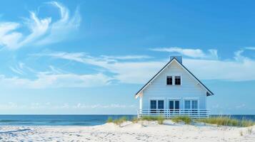 A serene white cottage sits peacefully by the calm sea photo