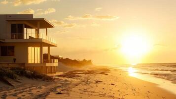 A tranquil sunset casts golden hues over a peaceful beachfront property photo