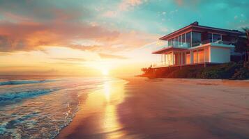 Golden sunset reflects on the tranquil water beside a stylish beachfront residence photo