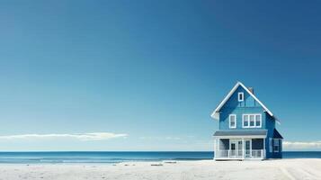 A charming blue house stands alone on a sandy beach by the calm ocean photo