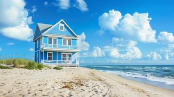 A picturesque beach house stands proudly beside gentle ocean waves photo