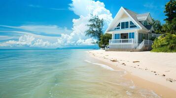 A peaceful beachfront house invites relaxation by the shimmering ocean photo