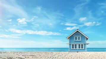 A serene blue cottage sits peacefully on sandy shores facing the calm ocean photo