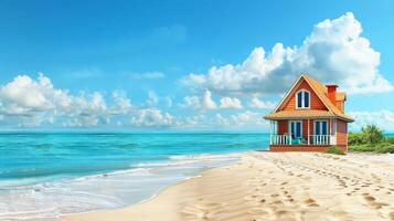 A colorful beach house sits peacefully by the turquoise sea photo