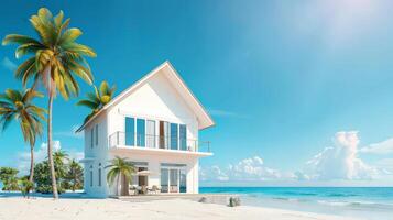 A serene beach house surrounded by palm trees and turquoise waters photo
