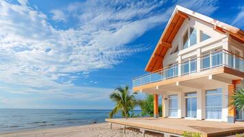 A peaceful villa overlooks the serene ocean with swaying palm trees nearby photo