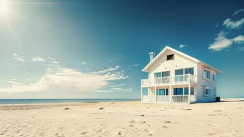 A serene white house overlooking the calm ocean waves at golden hour photo