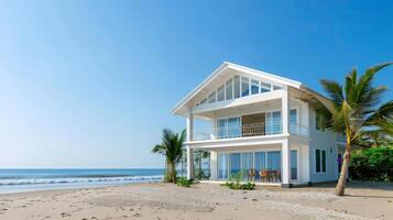 A beautiful villa stands by the beach, embracing the morning sun and ocean breeze photo