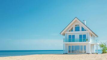 A modern house stands peacefully by a sandy beach under a clear sky photo