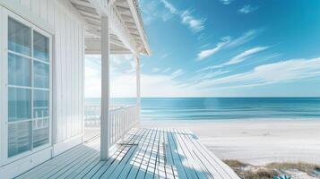 A tranquil beachfront deck invites relaxation under a bright blue sky photo