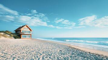 A beautiful beachside house glistens under the bright sky next to soft waves photo