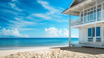 A tranquil beach house hugs the shore under a clear blue sky photo