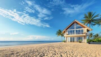 A stunning beach house stands gracefully beside the calm ocean waves photo