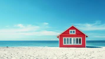 A vibrant red house stands alone on a sandy beach under a clear blue sky photo