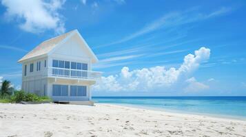 A serene beachfront house sits peacefully by the turquoise waves photo