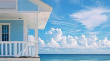 A charming cottage by the ocean enjoys a clear blue sky above photo