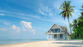 A peaceful beachside house surrounded by swaying palm trees under clear skies photo