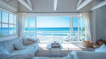 A cozy living space opens to stunning ocean waves and soft sunlight photo