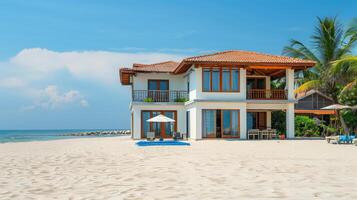 A beautiful villa enjoys the coastal breeze on a sunny, peaceful beach photo