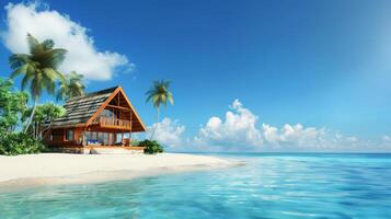 A tranquil retreat with palm trees beside shimmering turquoise waters photo