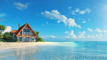 A picturesque house sits peacefully by the calm, blue ocean waters photo