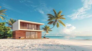 A contemporary beach house nestled among palm trees by the tranquil sea photo