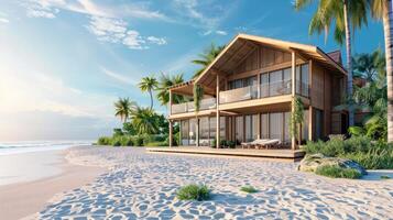 Tranquil coastal haven with vibrant greenery and soft sandy shores photo