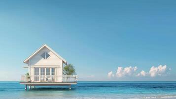 A charming house stands peacefully above gentle ocean waves under a clear sky photo