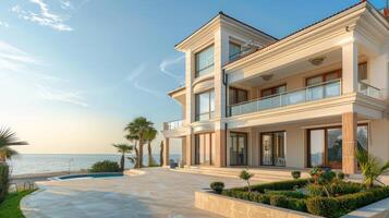 Stunning seaside villa overlooks tranquil waters during a beautiful sunset photo