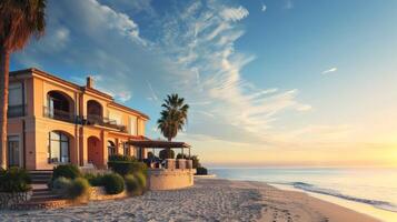 Golden light spills over a stunning oceanfront villa as waves gently lap the shore photo