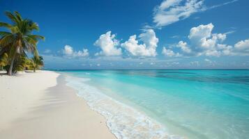 Soft waves lap against the sandy shore beneath a vibrant blue sky photo