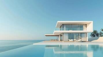 A stunning villa showcases elegant architecture beside tranquil waters photo