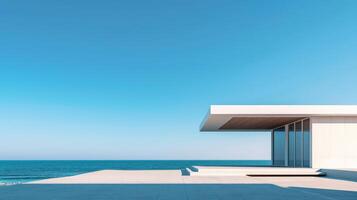 A sleek architectural marvel juxtaposed against the tranquil ocean horizon photo