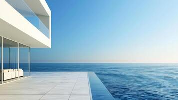 A sleek terrace juts over the ocean, bathed in the soft light of dawn photo