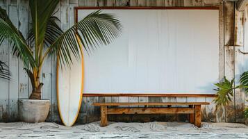 A tranquil setting with a wooden bench and surfboard against a natural backdrop photo