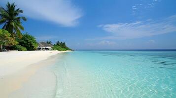 Gentle waves lap the pristine shore under a bright blue sky photo