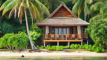 A charming cottage nestled among palms by a tranquil shoreline photo