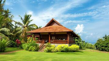 A wooden cottage stands majestically amidst lush gardens and swaying palms photo