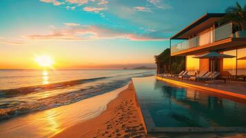 Golden sunlight kisses the tranquil waters as waves gently lap the shore photo
