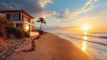 Sunset casts warm hues on a beachside villa beside gentle ocean waves photo