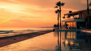 Golden hues reflect on calm waters near a serene coastal retreat photo