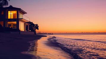 Golden hues blend over the ocean as dusk settles by the beachside residence photo